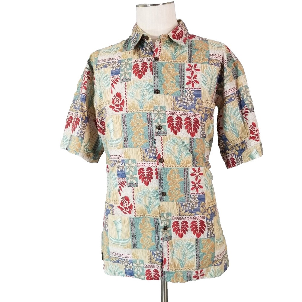 Two Palms shirt men's large beige Floral short sleeve REAL Hawaiian Hawaii USA